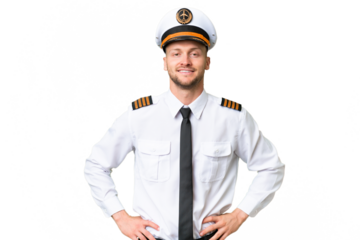 Airplane pilot man over isolated background posing with arms at hip and smiling
