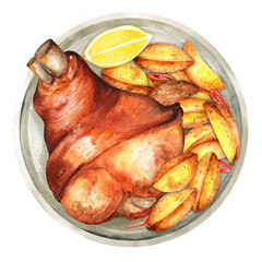 Roasted pork knuckle with potatoes. Watercolor illustration