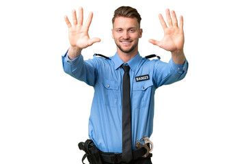 Young police man over isolated background counting ten with fingers