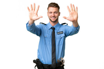 Young police man over isolated background counting ten with fingers