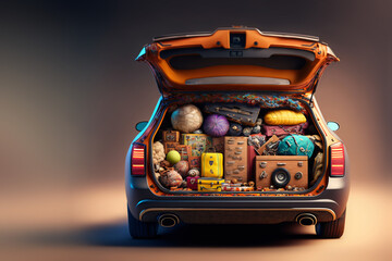 holiday car, suitcase in the overload trunk, family summer vacations, fictional car created with generative ai