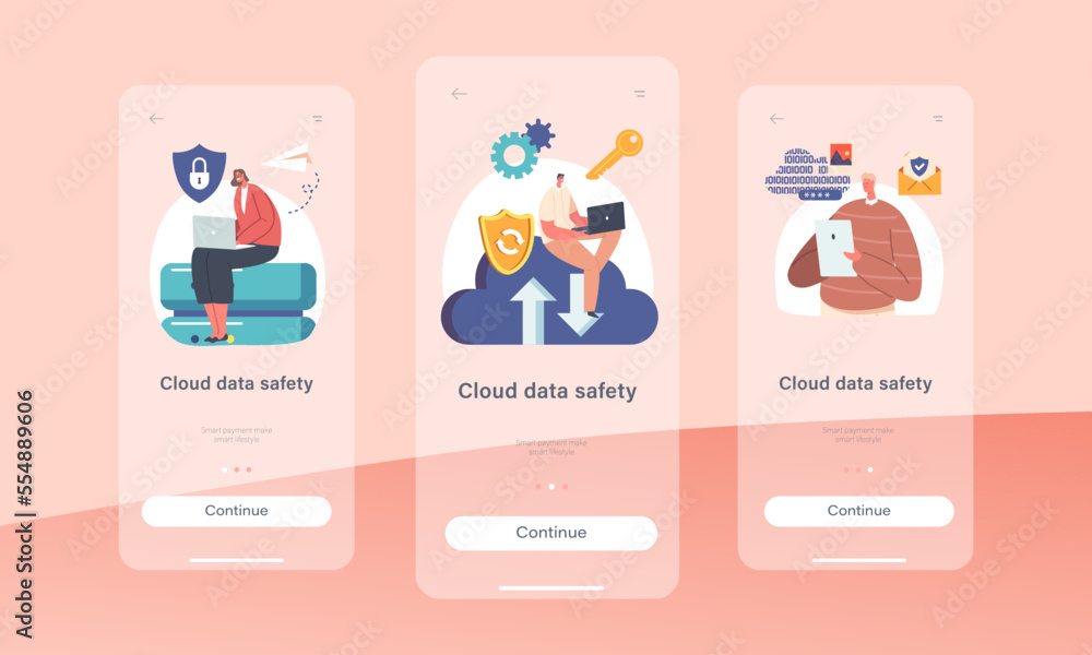 Poster cloud data safety mobile app page onboard screen template. people work on pc with protected server o