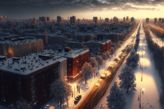 Panorama zimowego miasta o zmierzchu