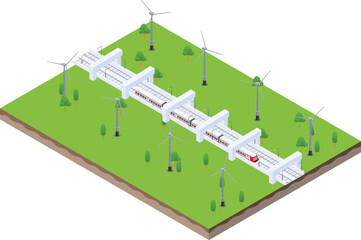 isometric scene of modern electric high speed train with Wind turbines generating electricity