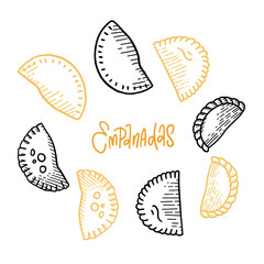 Empanada linear icons set. Outline simple vector of Latin American fried patty or cheburek. Contour isolated different elements on white background