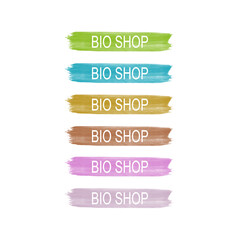 BIO SHOP COLORED BRUSHED LABELS SET ISOLATED ON WHITE