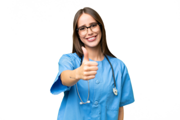 Young nurse caucasian woman over isolated background with thumbs up because something good has happened