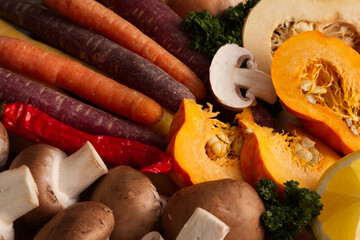 Sliced seasonal vegetables close-up rustic style, healthy lifestyle