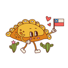 Empanada retro cartoon character with Chile flag. Cute Latin American food mascot. Contour ector illustration isolated on white.