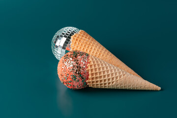 Christmas fun decorative fake ice cream cone on dark green background