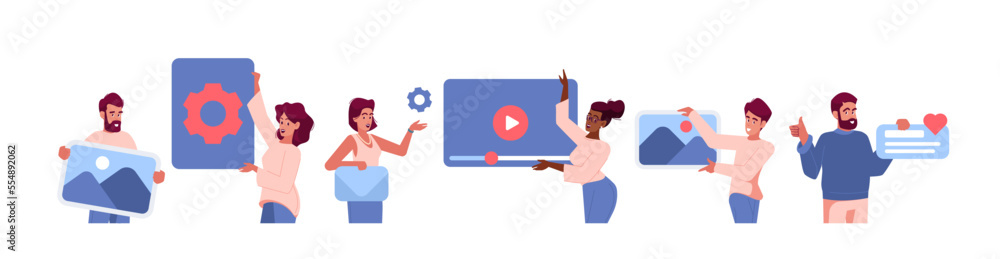 Poster people making landing page or application isolated on white background. ui ux designers character de