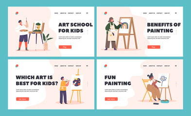 Obraz na płótnie Canvas Children Painting Landing Page Template Set. Little Boys or Girls Characters Drawing in Artist Studio or Art Workshop