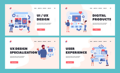 Digital Products Landing Page Template Set. Ui Ux Designer Characters Develop Website Interface, Creating Content Layout