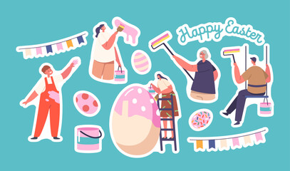 Set of Stickers Happy Family Prepare for Easter Celebration. Parents, Granny and Children Painting Huge Egg