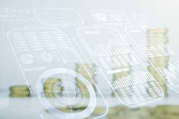 Obraz premium Multi exposure of stats data illustration on stacks of coins background, computing and analytics concept