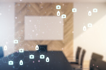 Abstract virtual medical sketch on a modern boardroom background. Medicine and healthcare concept. Multiexposure