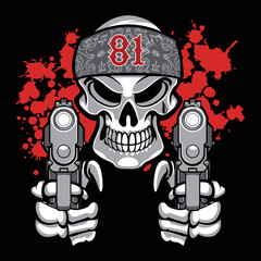 Original monochrome vector illustration of a bandit skull with two guns in his hands. T-shirt or sticker design.
