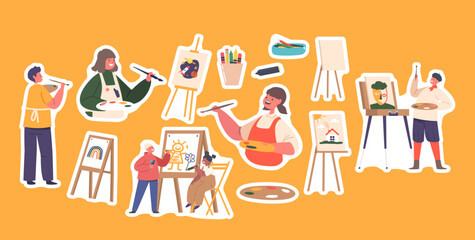 Set of Stickers Children Painting on Easel. Boys and Girls Characters Drawing in Artist Studio or Art School Workshop