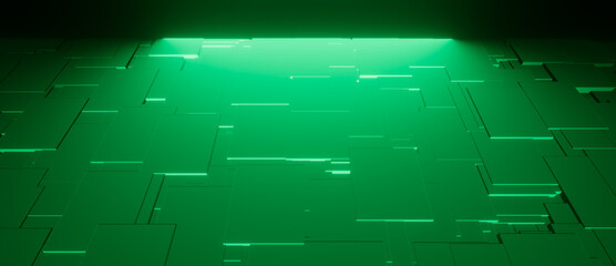 Abstract green 3D illustration rendering with bright neon illuminated metallic background with random pattern, technology futuristic architecture or science backdrop