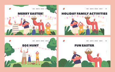 Happy Family Celebrate Merry Easter Landing Page Template Set. Parents, Granny and Kids Wear Rabbit Ears Holding Eggs