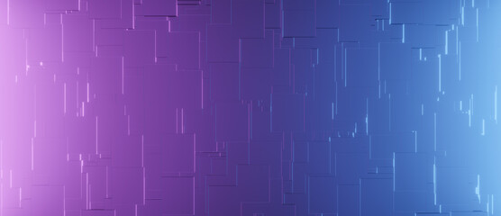 Abstract blue and pink 3D illustration rendering with bright neon illuminated metallic background with random pattern, technology futuristic architecture or science backdrop