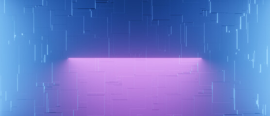 Abstract blue and pink 3D illustration rendering with bright neon illuminated metallic background with random pattern, technology futuristic architecture or science backdrop