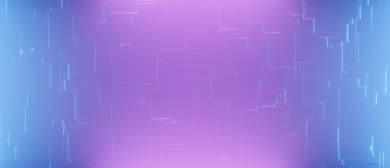 Abstract blue and pink 3D illustration rendering with bright neon illuminated metallic background with random pattern, technology futuristic architecture or science backdrop