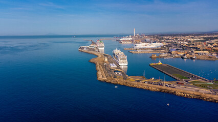 Panoramic view of the city of Civitavecchia with the adjoining tourist port and Forte Michelangelo....
