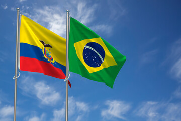 Republic of Ecuador and Federative Republic of Brazil Flags Over Blue Sky Background. 3D Illustration