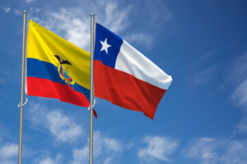 Republic of Ecuador and Republic of Chile Flags Over Blue Sky Background. 3D Illustration