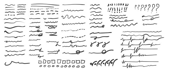 Set of artistic pen brushes.Doodles, ink brushes.Set of vector grunge brushes. Collection of strokes of markers. Set of wavy horizontal lines