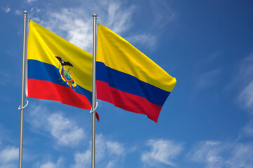 Republic of Ecuador and Republic of Colombia Flags Over Blue Sky Background. 3D Illustration