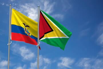 Republic of Ecuador and Co-operative Republic of Guyana Flags Over Blue Sky Background. 3D Illustration