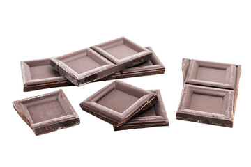 Dark chocolate pieces, cubes, broken chocolate isolated on white background