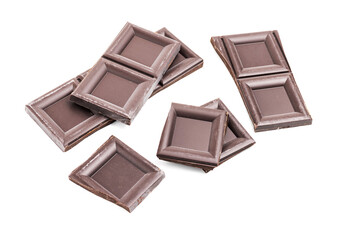Dark chocolate pieces, cubes, broken chocolate isolated on white background