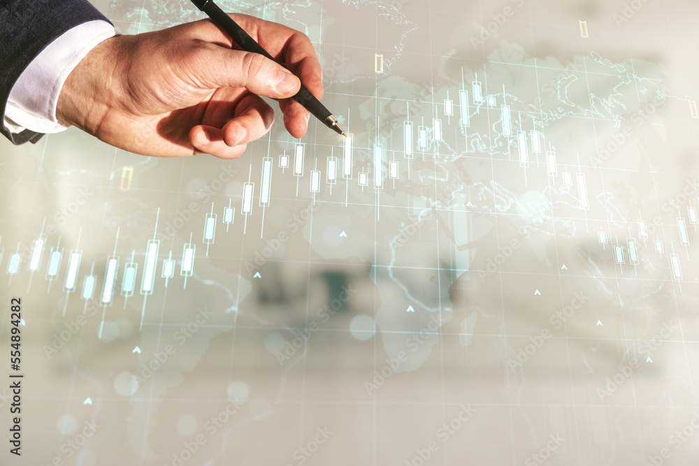 Poster multi exposure of man hand with pen working with abstract financial diagram and world map on blurred