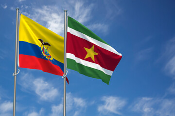 Republic of Ecuador and Republic of Suriname Flags Over Blue Sky Background. 3D Illustration