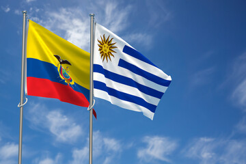 Republic of Ecuador and Oriental Republic of Uruguay Flags Over Blue Sky Background. 3D Illustration