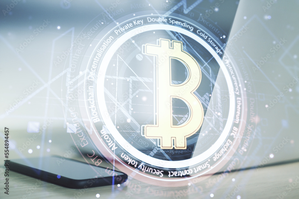 Poster double exposure of creative bitcoin symbol hologram with computer on background. mining and blockcha