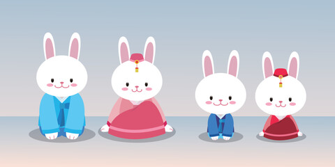 White rabbits wearing hanbok, Korean traditional holiday New Year's Day