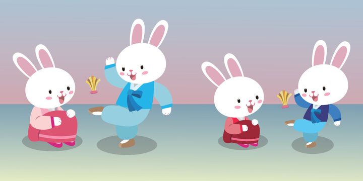 Jegichagi is a traditional Korean game. A white rabbit wearing a hanbok kicks a jegi.