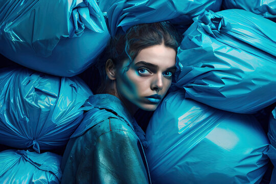 Portrait of a woman surrounded by garbage bags. Generative AI