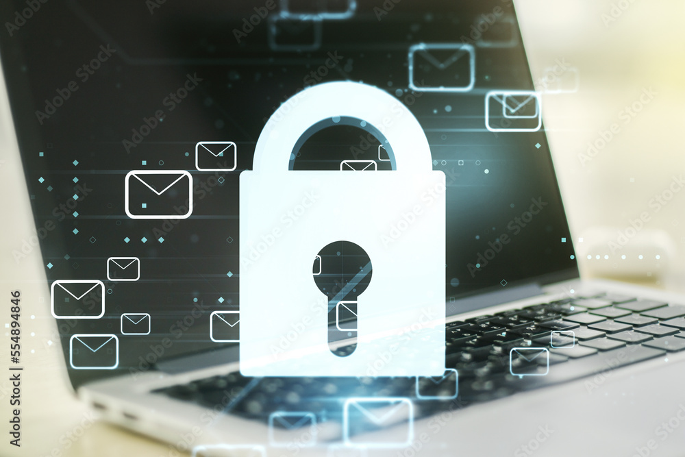 Poster double exposure of creative lock hologram with email symbols on laptop background. information secur
