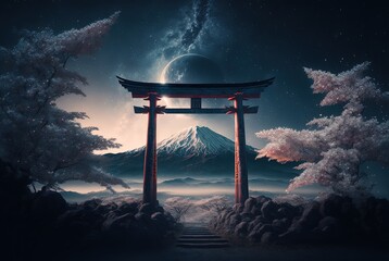 illustration of torii with Fuji mountain and milky way as background  - obrazy, fototapety, plakaty