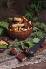 Pile of Imleria Badia or Boletus badius mushrooms commonly known as the bay bolete with knife on vintage wooden background..