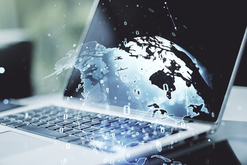 Multi exposure of abstract software development hologram with world map on laptop background, global research and analytics concept