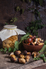 Pile of Imleria Badia or Boletus badius mushrooms commonly known as the bay bolete with canned mushroom in glass jar on vintage wooden background..