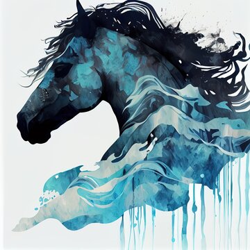 Double exposure of horse and waves, blue dripping color and splashes, nature in water background. AI generative
