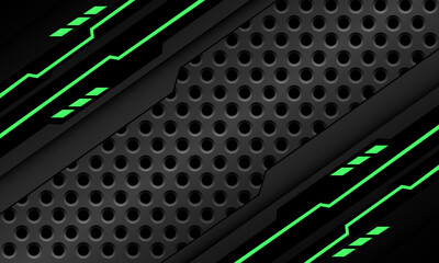 Abstract black circuit green light cyber geometric slash on grey metallic circle mesh design modern technology futuristic background vector