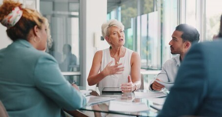 Business people, meeting and leader talking during discussion and planning for growth, vision and innovation in corporate office. Men and women team at table for productivity and development feedback - Powered by Adobe
